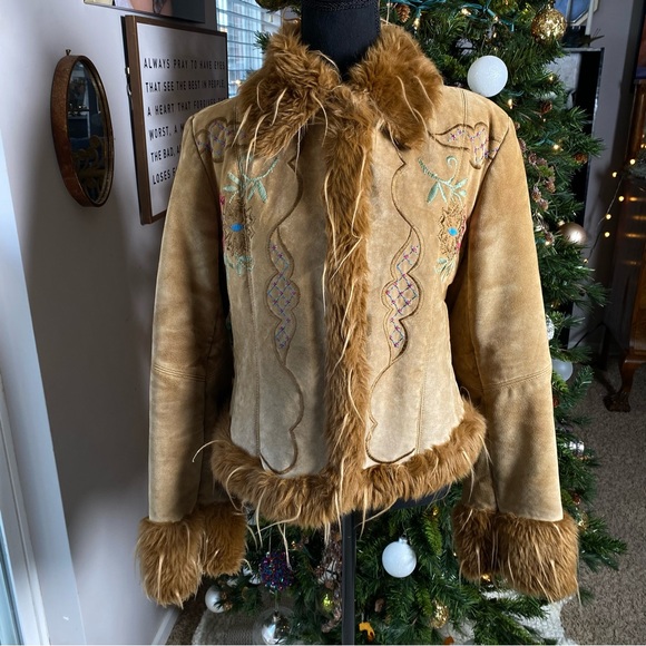 Vintage XOXO penny lane embroidered faux fur leather XL jacket coat - Picture 3 of 11
